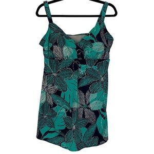 PARADISE BAY Women’s PLUS One-Piece Swim Sarong Skirt Teal Navy‎ Bold Floral 18W